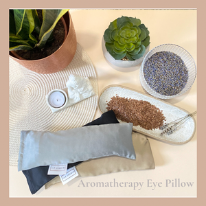 Plants, a bowl of lavender and flaxseed along side two silk eye pillows that are handmade in the UK.